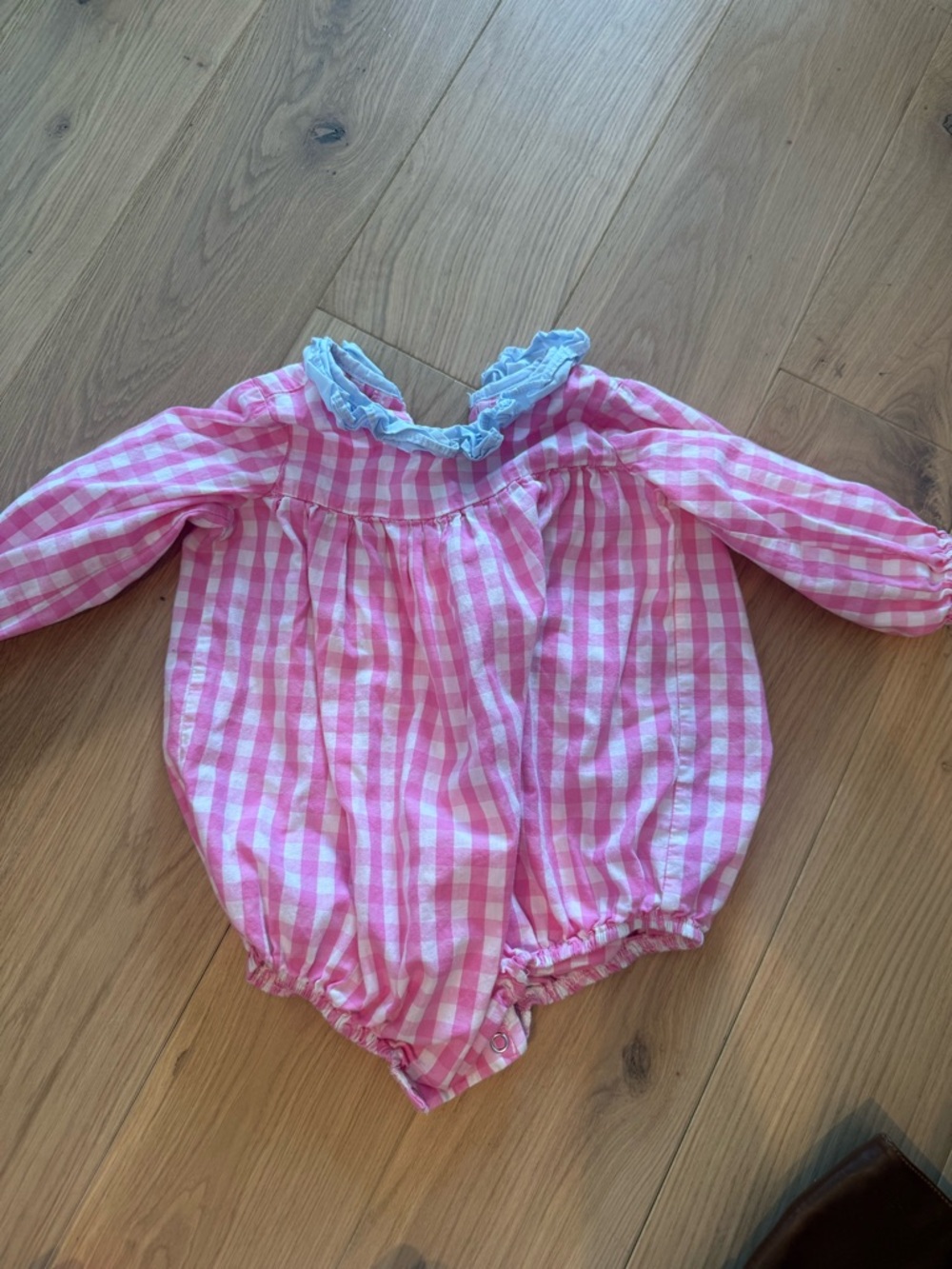 Stitchy Fish Pink Gingham Baby One-Piece Bodysuit with Ruffle Collar
